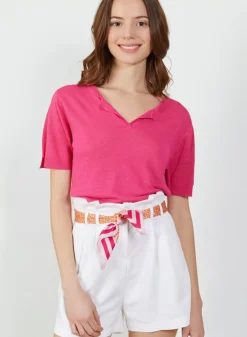 Maison Montagut T-Shirts>T-Shirt Col Tunisien En Lin Flamme - Boheme