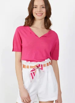 Maison Montagut T-Shirts>T-Shirt Col Tunisien En Lin Flamme - Boheme