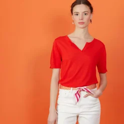 Maison Montagut T-Shirts>T-Shirt Col Tunisien En Lin Flamme - Boheme