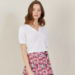 Maison Montagut T-Shirts>T-Shirt Col Tunisien En Lin Flamme - Boheme