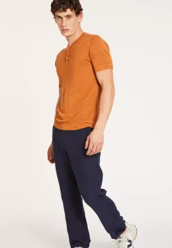 Maison Montagut T-Shirts>T-Shirt Col Tunisien En Lin Flamme - Damiano Marron