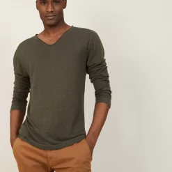 Maison Montagut T-Shirts>T-Shirt Col Tunisien En Lin Flamme - Blayne