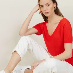 Maison Montagut T-Shirts>T-Shirt Col V En Lin Flamme - Bountie