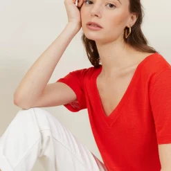 Maison Montagut T-Shirts>T-Shirt Col V En Lin Flamme - Bountie