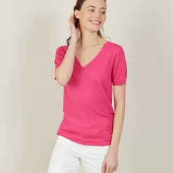 Maison Montagut T-Shirts>T-Shirt Col V En Lin Flamme - Bountie