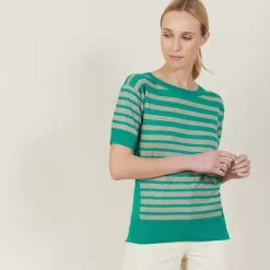 Maison Montagut T-Shirts>T-Shirt En Lin Cachemire A Rayures Bicolores - Naria