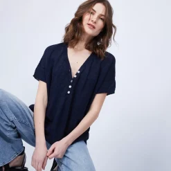 Maison Montagut T-Shirts>T-Shirt En Lin Col V Boutonne - Maati