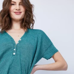 Maison Montagut T-Shirts>T-Shirt En Lin Col V Boutonne - Maati