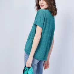 Maison Montagut T-Shirts>T-Shirt En Lin Col V Boutonne - Maati