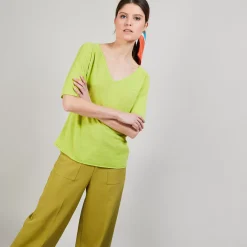 Maison Montagut T-Shirts>T-Shirt En Lin Flamme Manches Coudes - Bonbon