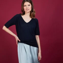 Maison Montagut T-Shirts>T-Shirt En Lin Flamme Manches Coudes - Bonbon