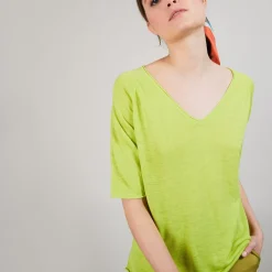 Maison Montagut T-Shirts>T-Shirt En Lin Flamme Manches Coudes - Bonbon