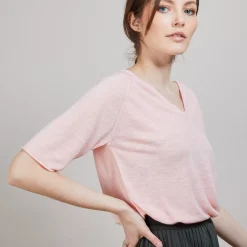 Maison Montagut T-Shirts>T-Shirt En Lin Flamme Manches Coudes - Bonbon