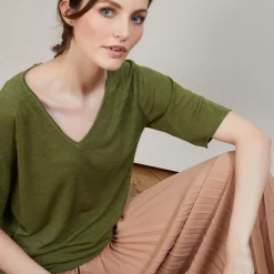 Maison Montagut T-Shirts>T-Shirt En Lin Flamme Manches Coudes - Bonbon
