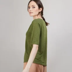 Maison Montagut T-Shirts>T-Shirt En Lin Flamme Manches Coudes - Bonbon