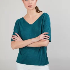 Maison Montagut T-Shirts>T-Shirt En Lin Flamme Manches Coudes - Bonbon