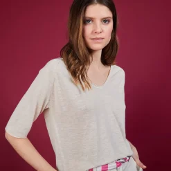 Maison Montagut T-Shirts>T-Shirt En Lin Flamme Manches Coudes - Bonbon
