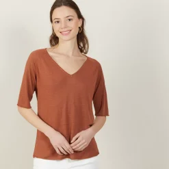 Maison Montagut T-Shirts>T-Shirt Manches Coudes En Lin Flamme - Bonbon