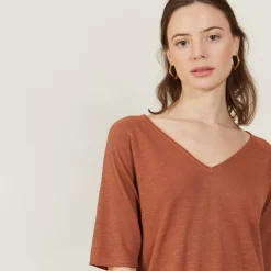 Maison Montagut T-Shirts>T-Shirt Manches Coudes En Lin Flamme - Bonbon