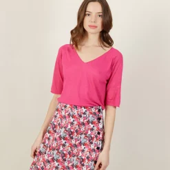 Maison Montagut T-Shirts>T-Shirt Manches Coudes En Lin Flamme - Bonbon