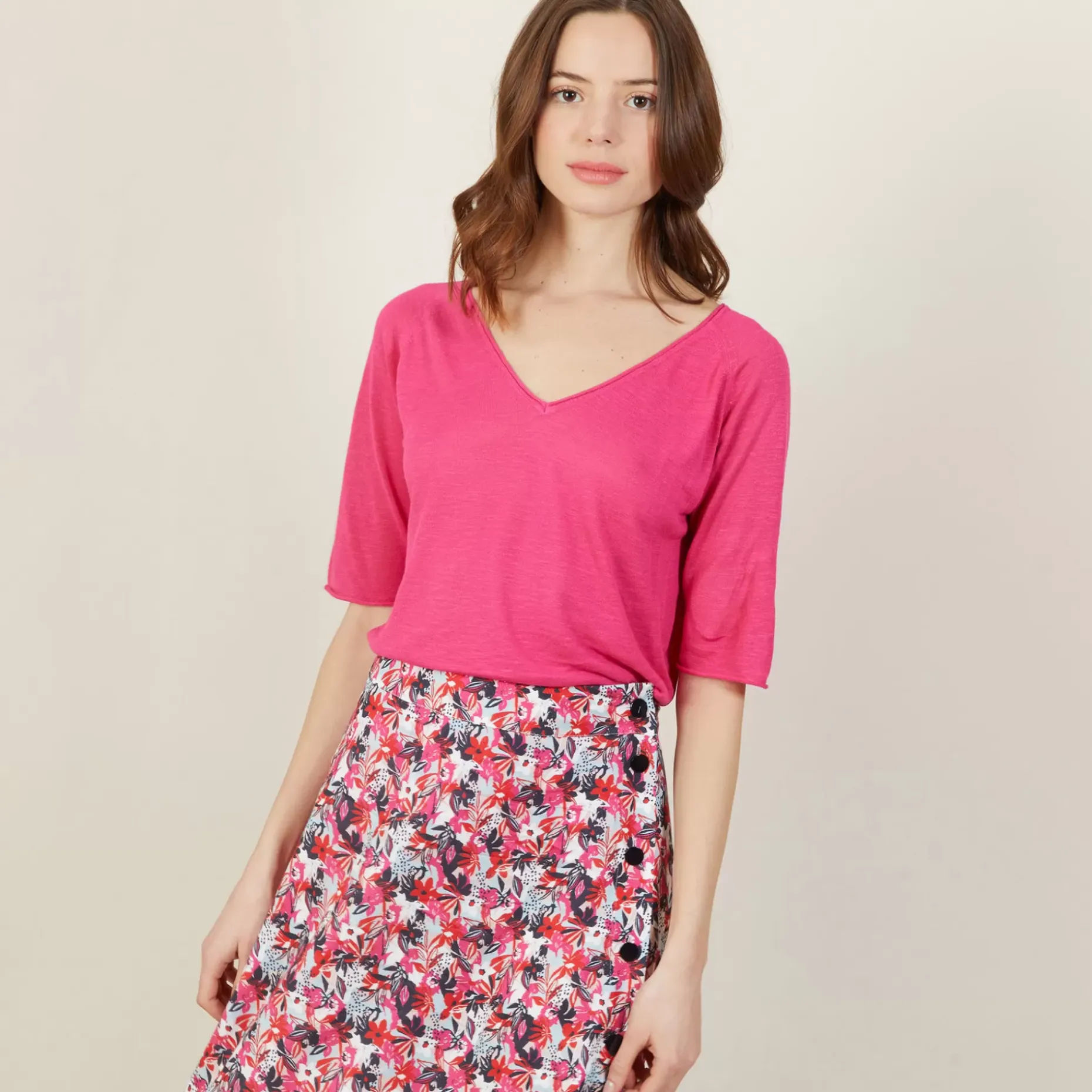 Maison Montagut T-Shirts>T-Shirt Manches Coudes En Lin Flamme - Bonbon