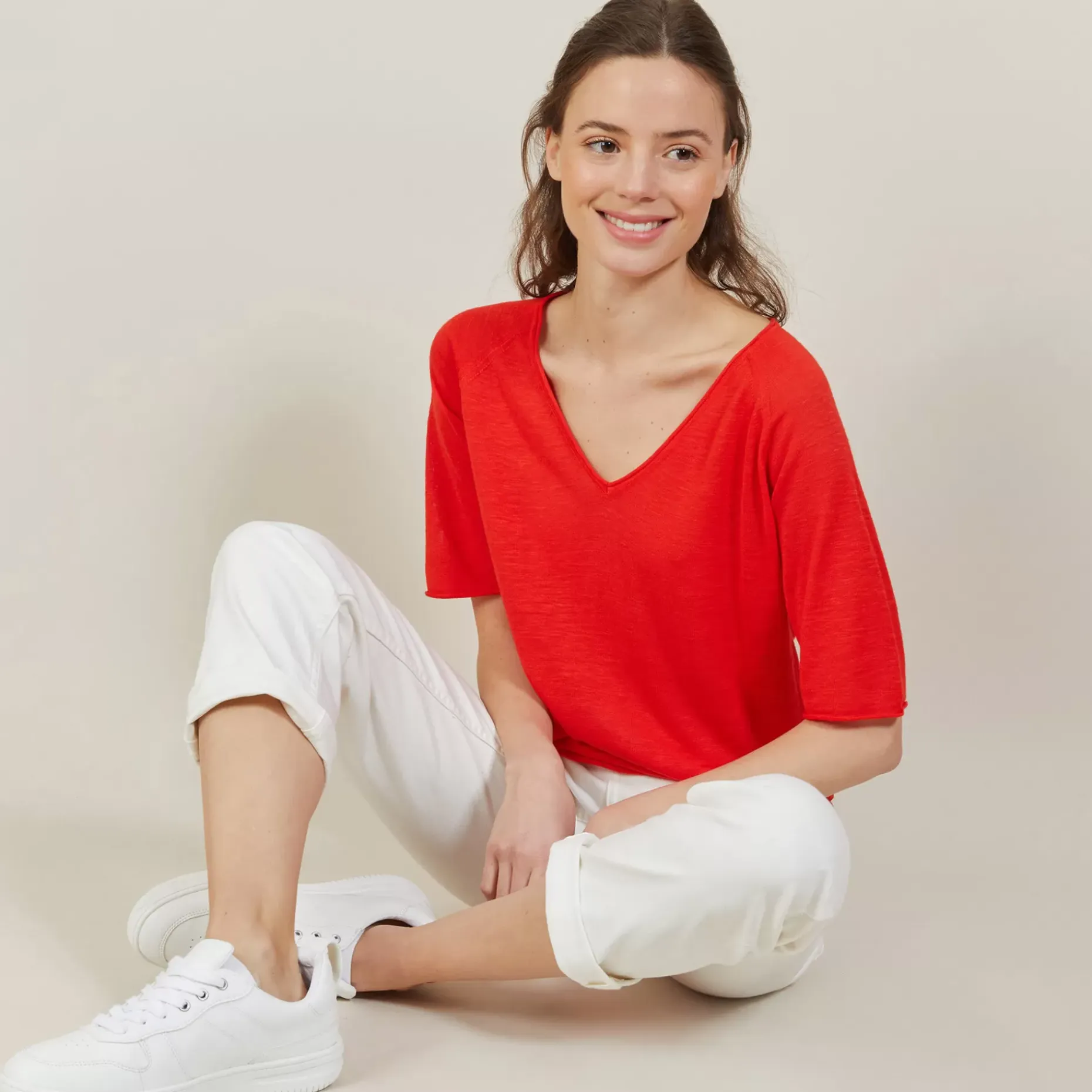 Maison Montagut T-Shirts>T-Shirt Manches Coudes En Lin Flamme - Bonbon
