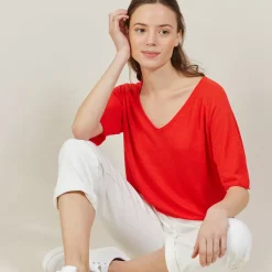Maison Montagut T-Shirts>T-Shirt Manches Coudes En Lin Flamme - Bonbon
