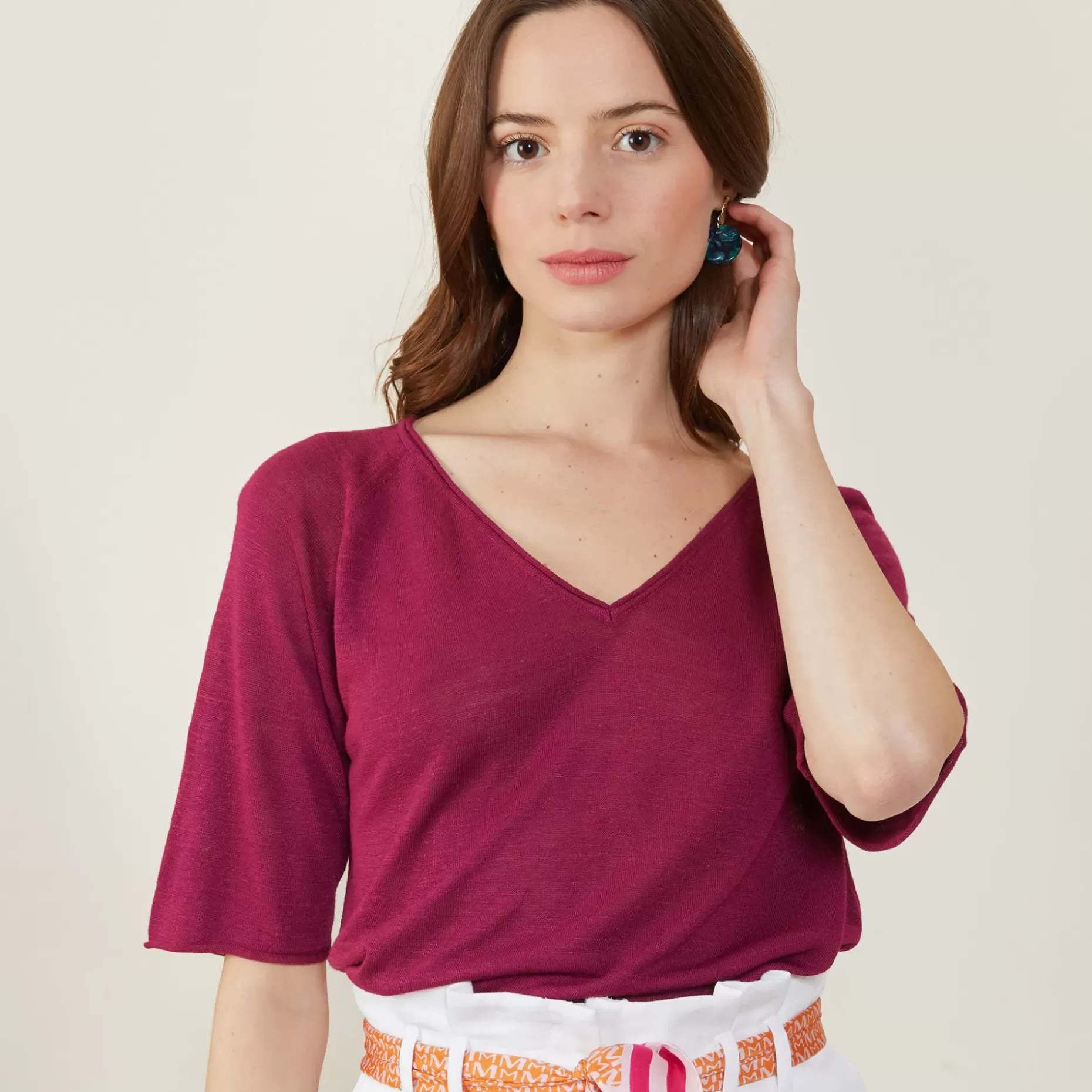Maison Montagut T-Shirts>T-Shirt Manches Coudes En Lin Flamme - Bonbon
