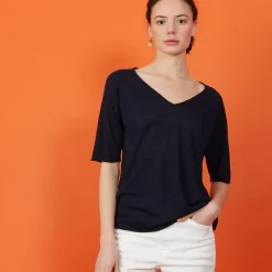 Maison Montagut T-Shirts>T-Shirt Manches Coudes En Lin Flamme - Bonbon
