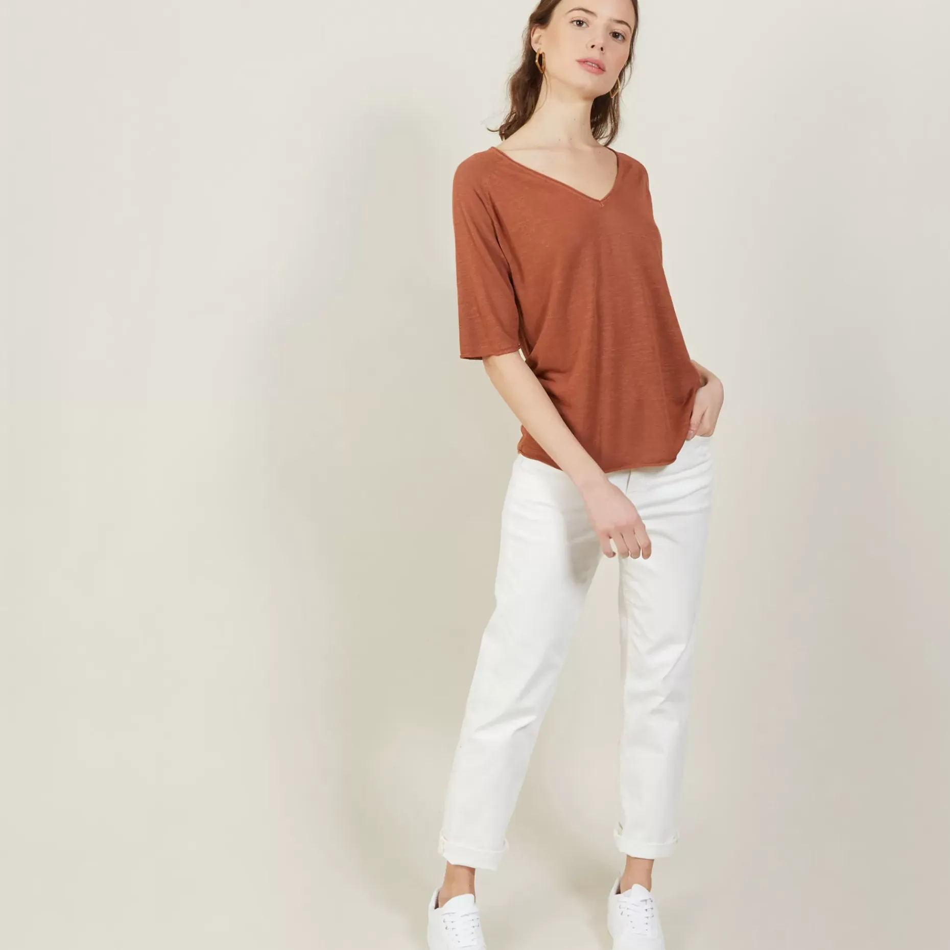 Maison Montagut T-Shirts>T-Shirt Manches Coudes En Lin Flamme - Bonbon