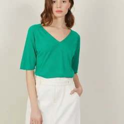 Maison Montagut T-Shirts>T-Shirt Manches Coudes En Lin Flamme - Bonbon