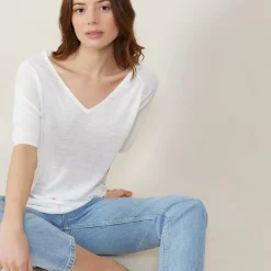 Maison Montagut T-Shirts>T-Shirt Manches Coudes En Lin Flamme - Bonbon