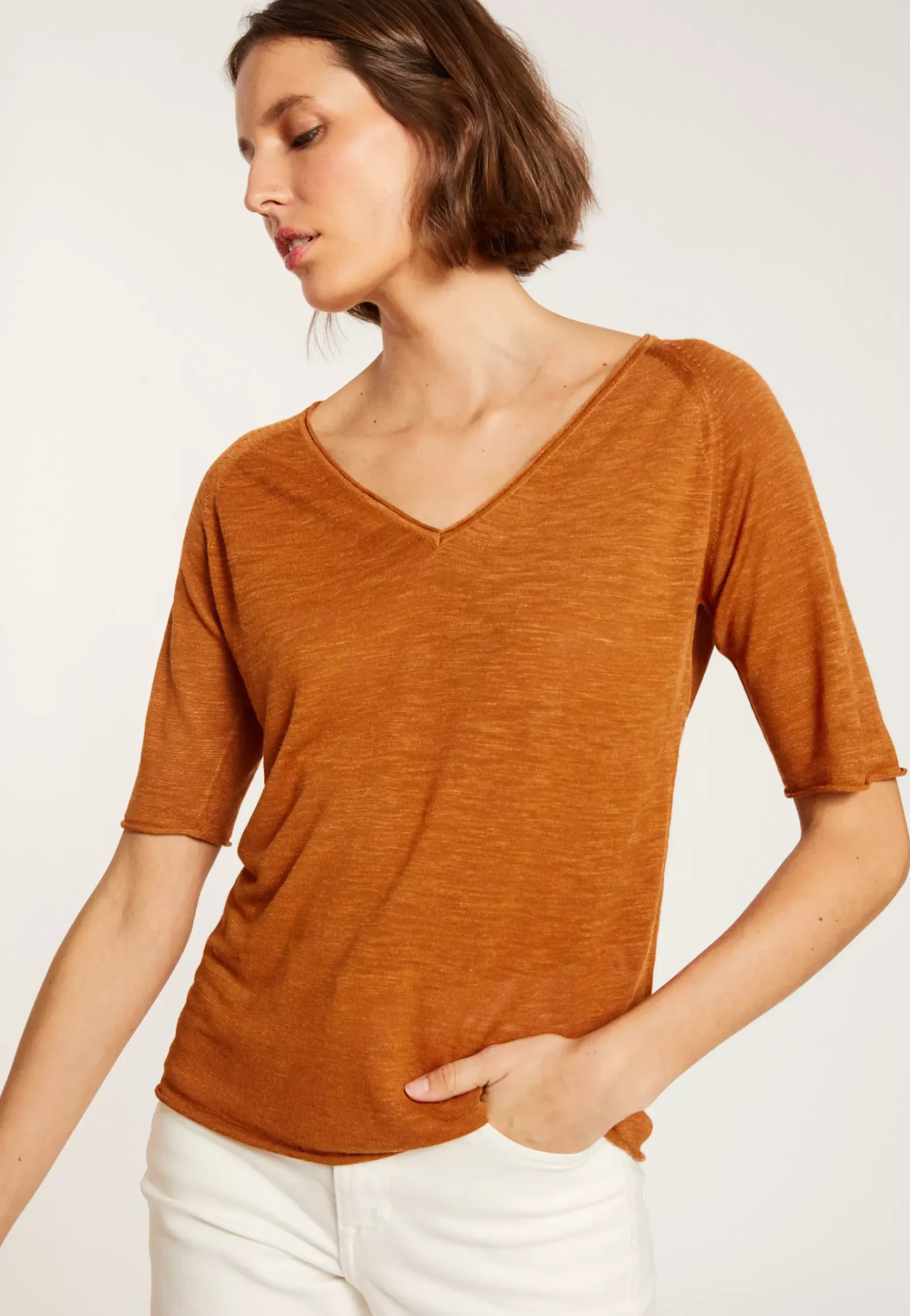 Maison Montagut T-Shirts>T-Shirt Manches Coudes En Lin Flamme - Bonbon