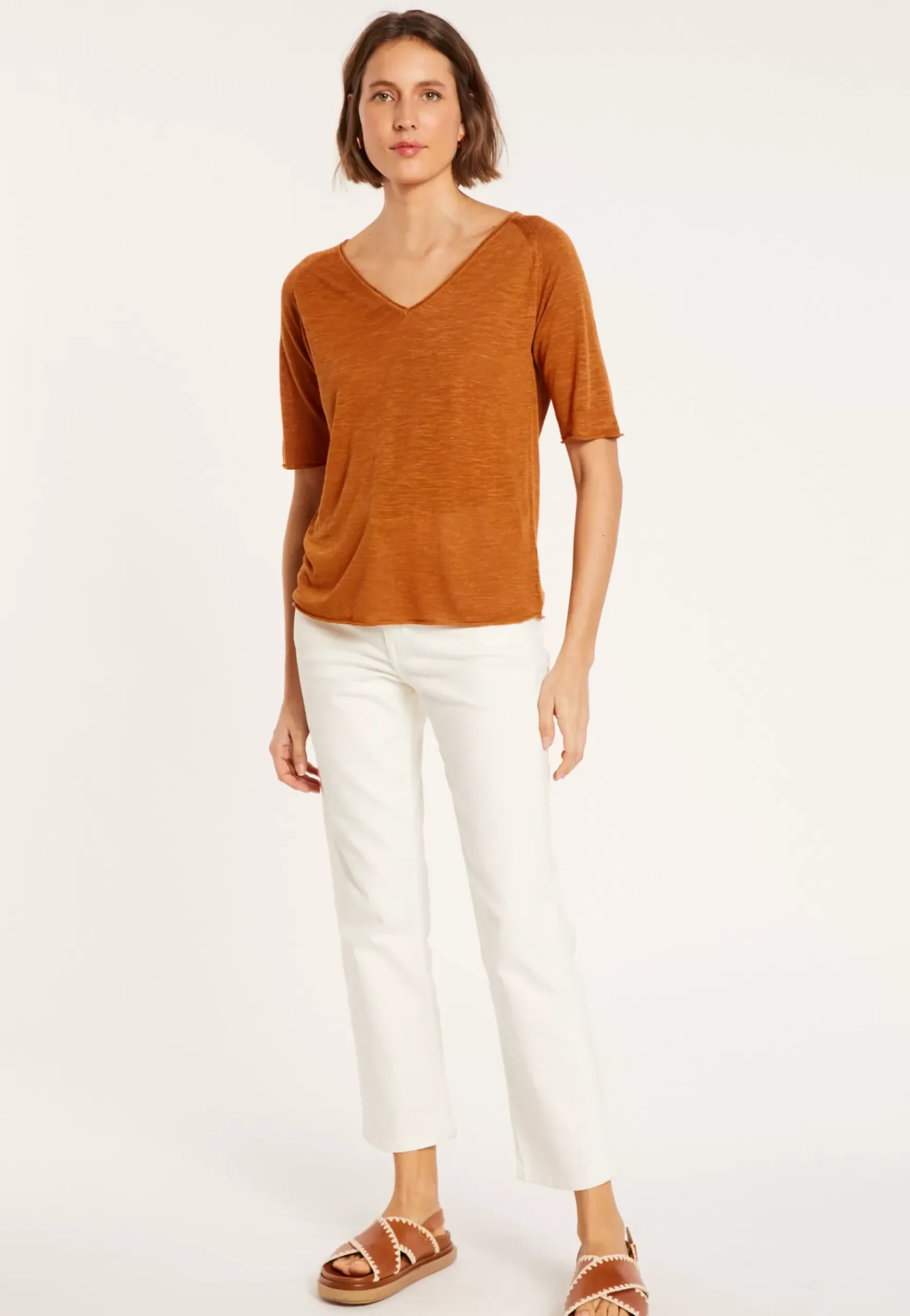 Maison Montagut T-Shirts>T-Shirt Manches Coudes En Lin Flamme - Bonbon