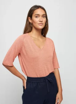 Maison Montagut T-Shirts>T-Shirt Manches Coudes En Lin Flamme - Bonbon