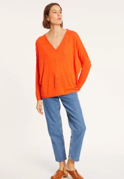 Maison Montagut T-Shirts>T-Shirt Oversize Col V En Lin Flamme - Beja