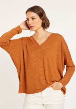 Maison Montagut T-Shirts>T-Shirt Oversize Col V En Lin Flamme - Beja