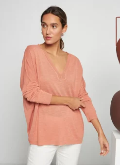 Maison Montagut T-Shirts>T-Shirt Oversize Col V En Lin Flamme - Beja