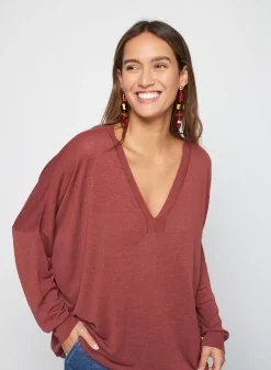 Maison Montagut T-Shirts>T-Shirt Oversize Col V En Lin Flamme - Beja