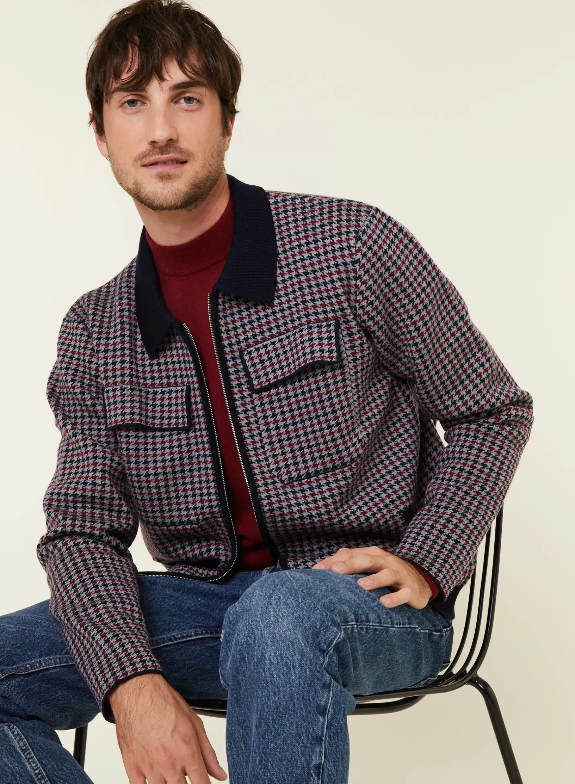 Maison Montagut Vestes Et Gilets>Veste Motifs Pied-De-Poule Laine Merinos - Fabien Bleu Marine