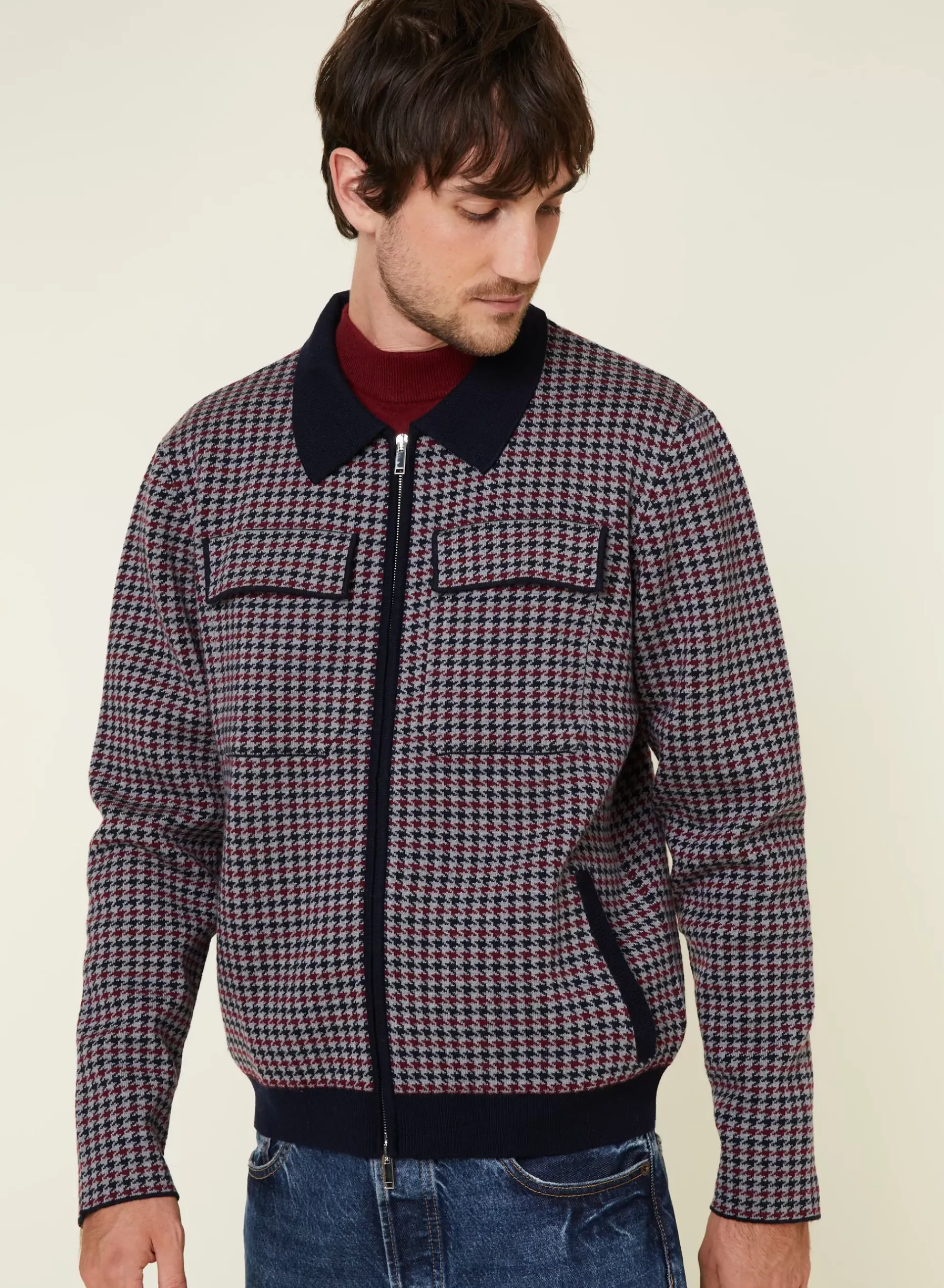 Maison Montagut Vestes Et Gilets>Veste Motifs Pied-De-Poule Laine Merinos - Fabien Bleu Marine