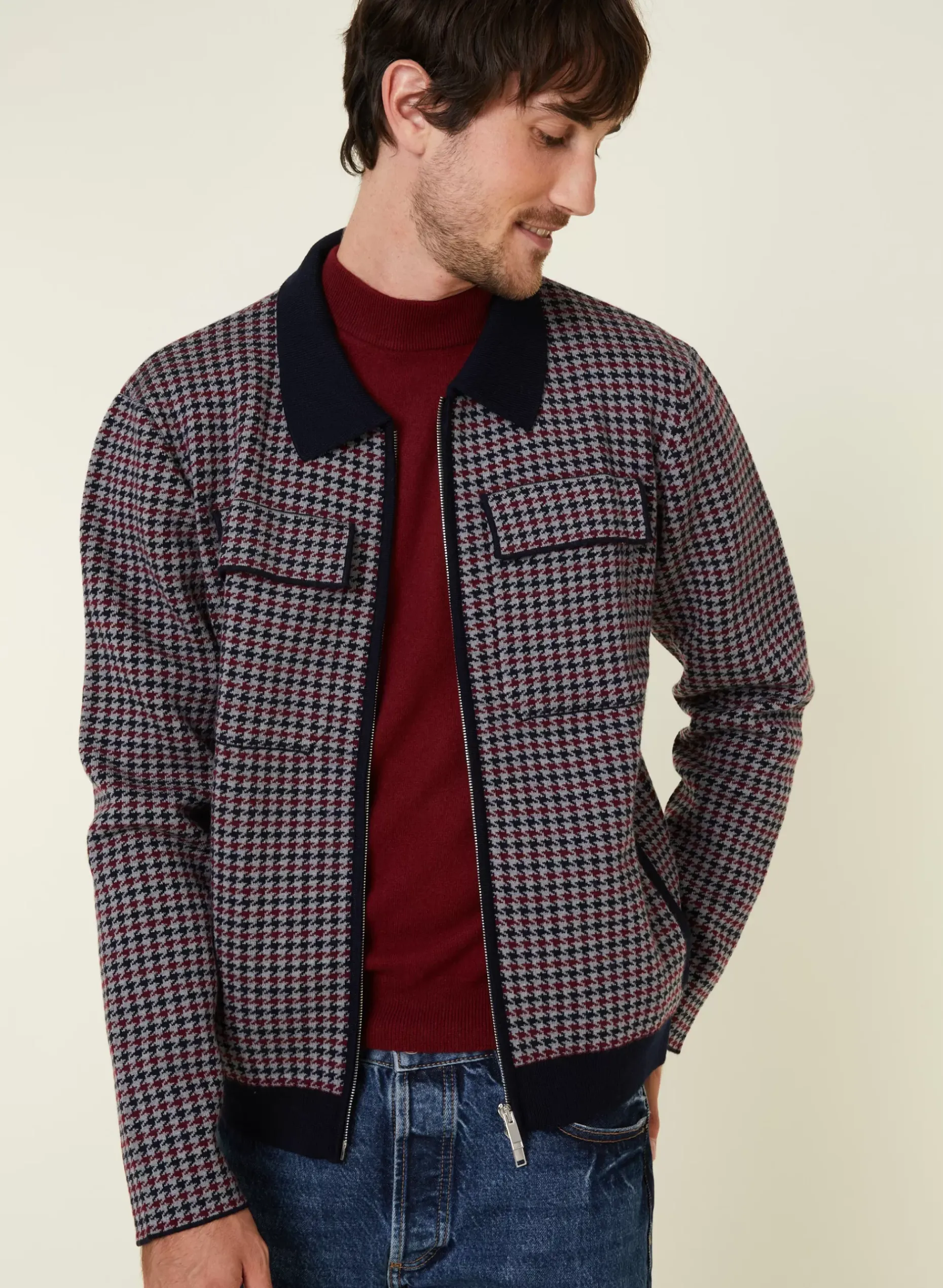 Maison Montagut Vestes Et Gilets>Veste Motifs Pied-De-Poule Laine Merinos - Fabien Bleu Marine